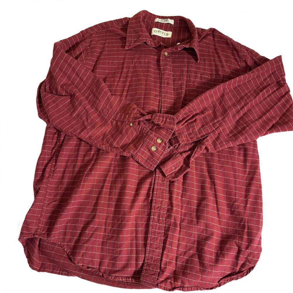 ORVIS‎ Men's L Red Checked Cotton/Wool Flannel Super Soft Long Sleeve Button Up